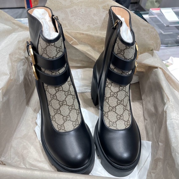 New Gucci boots GG monogram Crystal Buckle Black Ankle Combat Boots 38/ US 8 - Picture 10 of 10